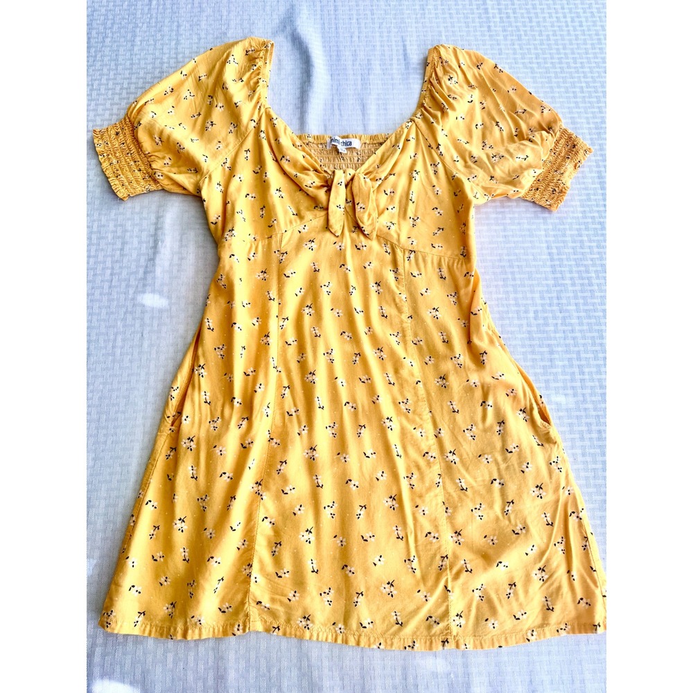 Mimi Chica Floral Puff Sleeve Smocked Mini Dress Yellow XL Cottaecore